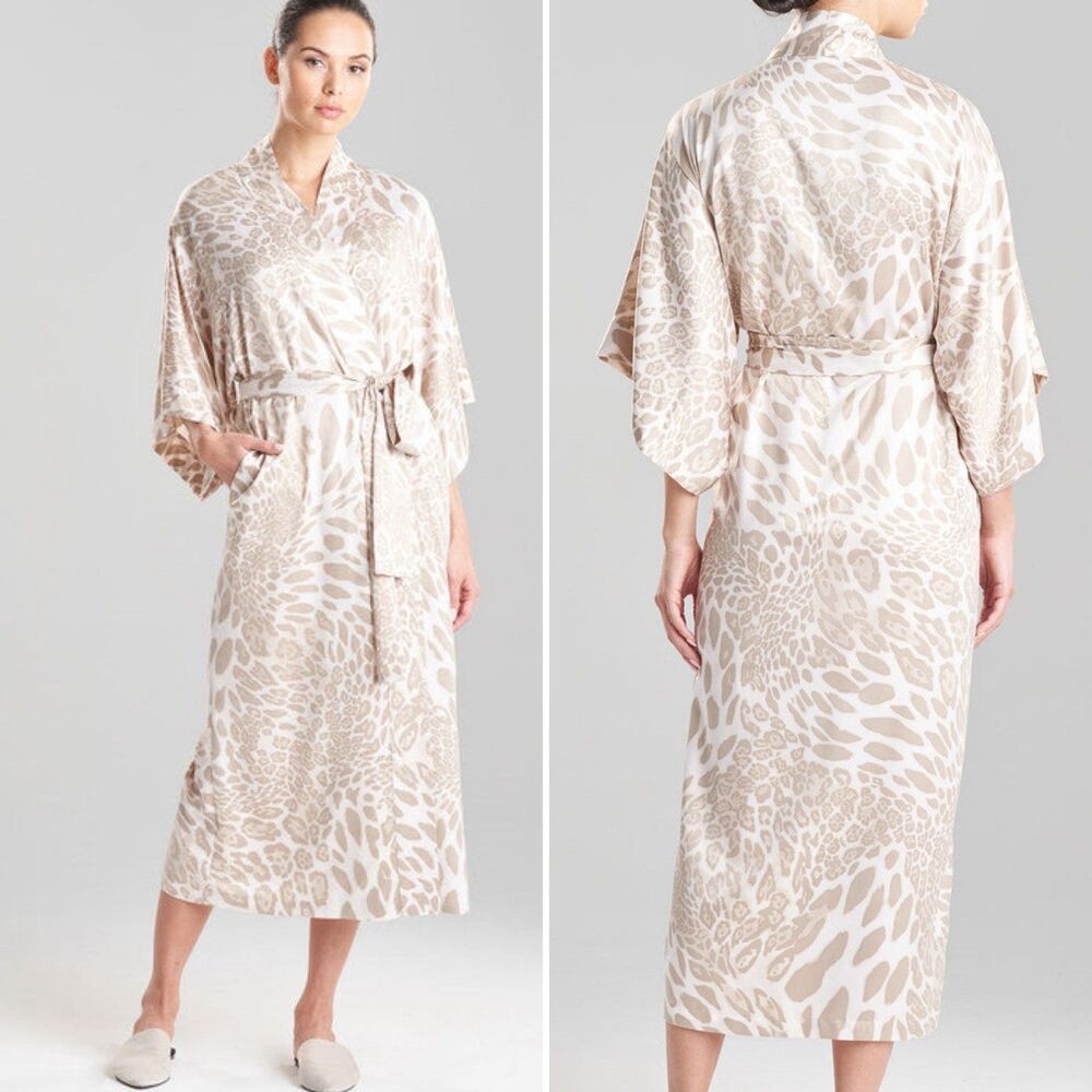 Natori Luxe Leopard Robe Kimono Size Large Tan Beige White Satin Animal Print - Picture 2 of 7